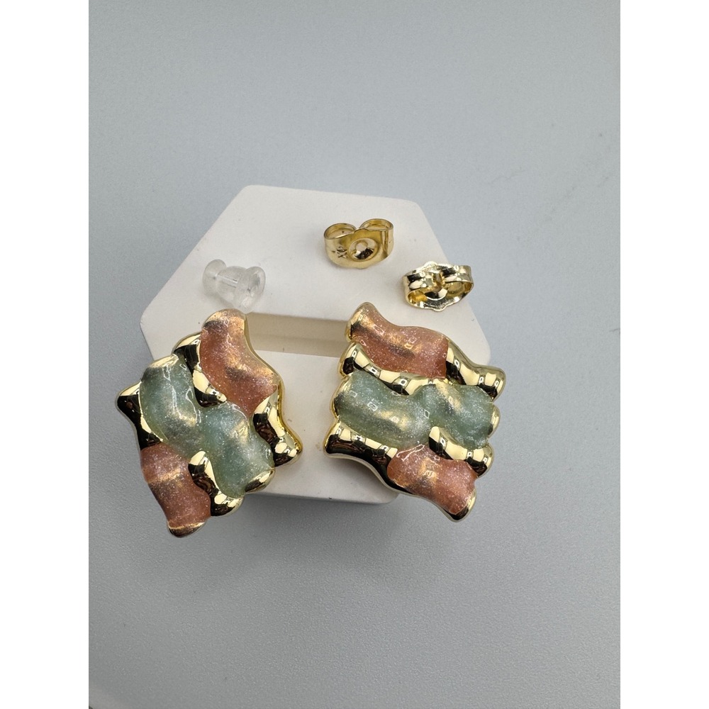 14K Gold Plated Wavy Abstract Enamel Stud Earrings Peach Sage Green Glitter New